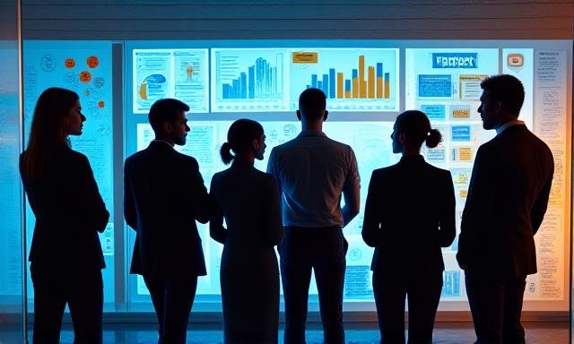 Business team analyzing KPIs on a digital board